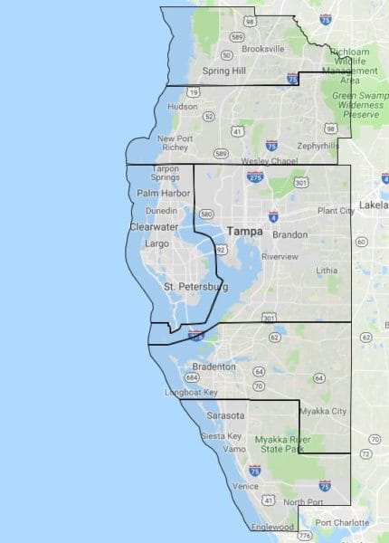 Map of Tampa Bay area and surrounding counties